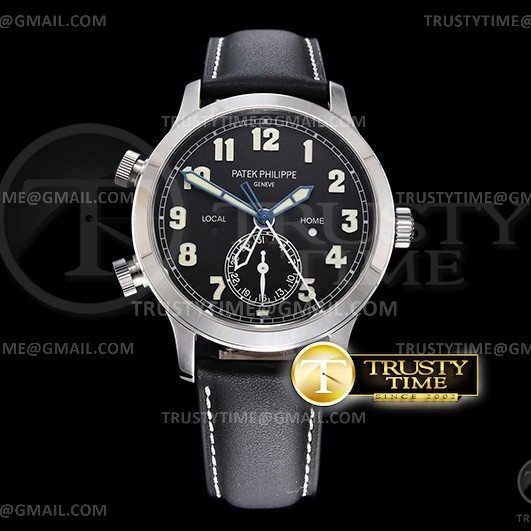 GR공장 V2 칼라트라바 블랙다이얼 가죽스트랩 Calatrava Pilot Travel Time 5524 SS/LE Blk V2 GRF M9015