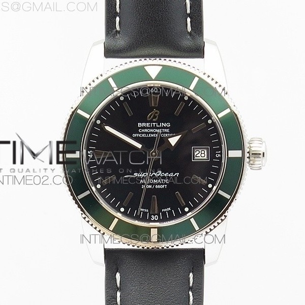 브라이틀링 슈퍼오션 스틸 블랙다이얼 그린인서트 가죽스트랩 SUPEROCEAN 42MM A17321 SS CREAM DIAL GREEN BEZEL ON BLACK LEATHER STRAP ETA2824