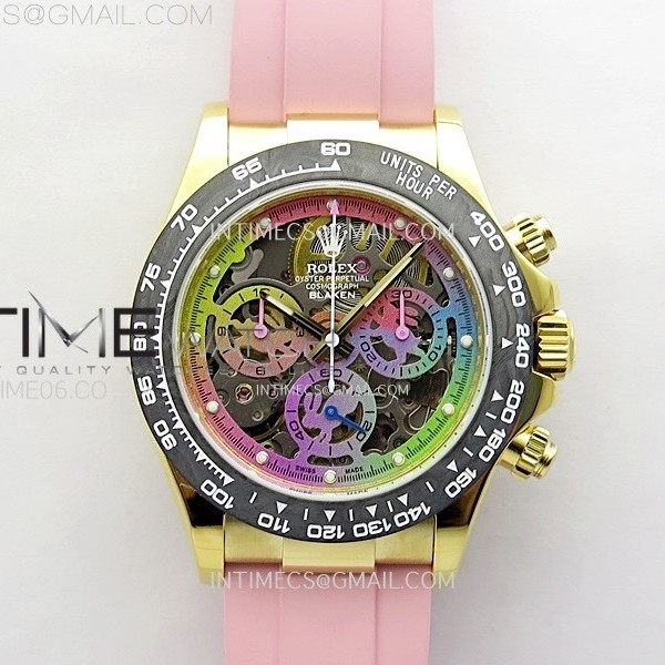 GET공장 롤렉스 데이토나 옐로우골드금통 컬러스켈레톤다이얼 러버스트랩 Daytona PVD Carbon Bezel YG GETF Best Blacken Skeleton Color Dial on Pink Rubber Strap SA4130