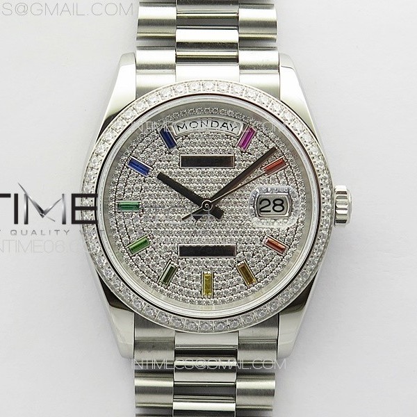 RA공장 롤렉스 데이데이트 36 다이아몬드다이얼 다이아몬드베젤 프레지던트브레이슬릿 Daydate 128238 36mm Crystals Bezel SS RAF Best Edition Color Diamonds Dial on SS President Bracelet A2836