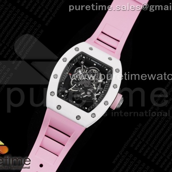 KV공장 V3 RM055 세라믹 스켈레톤다이얼 러버 RM055 White Ceramic KVF Best Edition Skeleton Dial Black on Pink Rubber Strap MIYOTA8215 V3