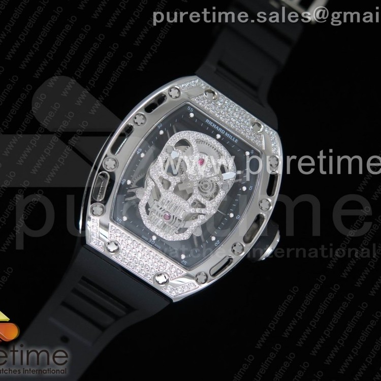 리차드밀 RM052 유광실버 풀페이브다이아몬드 스컬다이얼 블랙러버스트랩 RM052 Polished SS Full Paved Diamonds Skull Dial on Black Rubber Strap MIYOTA8215