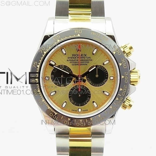 JH 롤렉스 세라믹 데이토나 콤비 샴페인다이얼 블랙서브다이얼 DAYTONA SS/YG CERAMIC BEZEL GOLD DIAL ON SS/YG BRACELET A7750