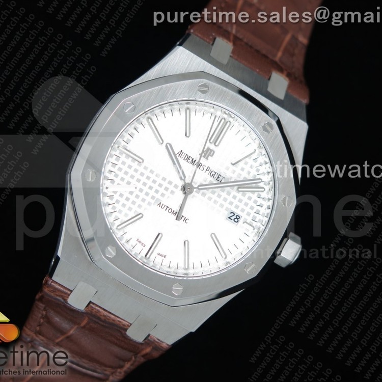 OM공장 오데마피게 로얄오크 15400 화이트다이얼 가죽스트랩 Royal Oak 41mm 15400 SS White Textured Dial on Brown Leather Strap A3120