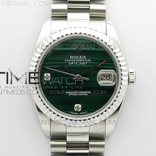 ED공장 롤렉스 데이저스트 36 그린다이얼 DateJust 36mm SS EDF Best Edition Green Malachite Dial Crystal Markers on SS President Bracelet A2824