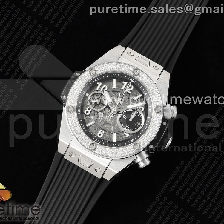 ZF공장 위블로 빅뱅 유니코 스틸 다이아몬드파베베젤 스켈레톤다이얼 러버스트랩 Hublot Big Bang Unico Titanium Diamonds Bezel ZF 1:1 Best Edition Skeleton Dial on Black Rubber Strap A1280