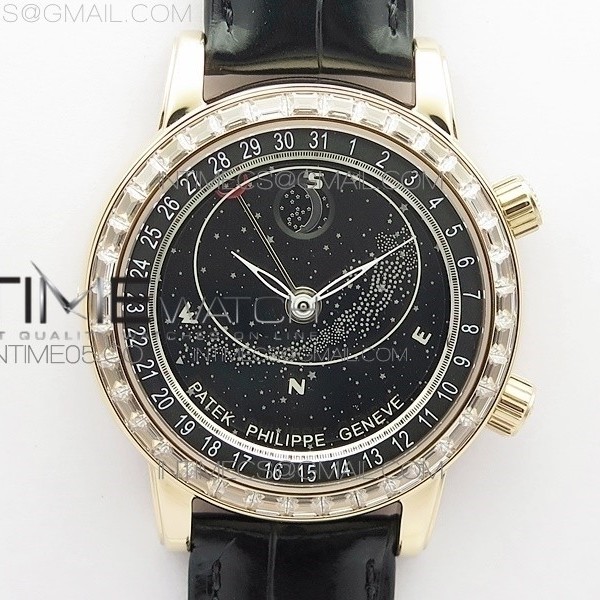 AI공장 파텍 6104P 문 로골 블랙다이얼 가죽스트랩 6104P Moon RG AIF Black Dial Diamond Bezel on Black Leather Strap A240
