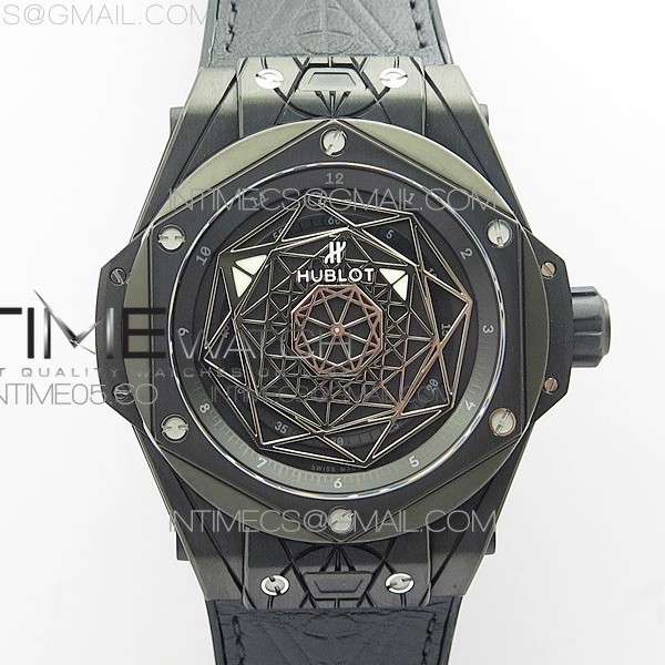 WW공장 V2 유니코 상블루 티타늄 DLC 블랙다이얼 거미스트랩 Big Bang Sang Bleu DLC Ti WWF 1:1 Best Edition Black Skeletonal Dial On Black Gummy Strap Asian HB1213 V2