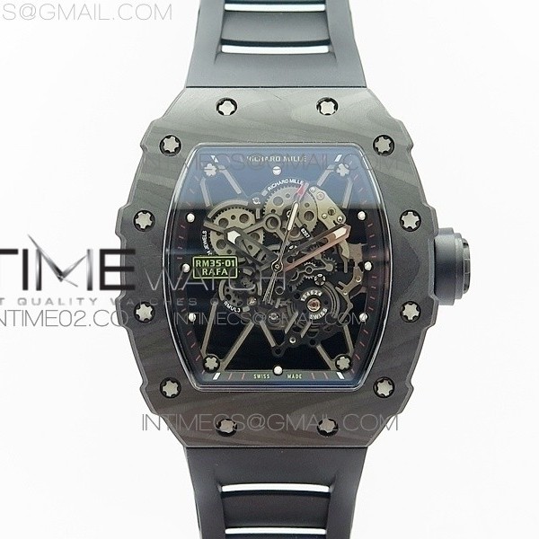 KV 리차드밀 RM035-01 카본케이스 스켈레톤다이얼 RM035-01 FORGED CARBON CASE V2 SKELETON DIAL BLACK CROWN ON BLACK RUBBER STRAP MIYOTA8215