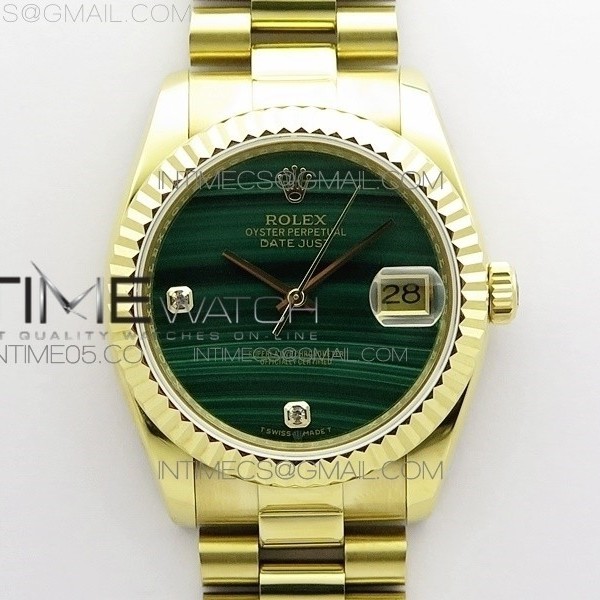 ED공장 롤렉스 데이저스트 36 옐로우골드금통 그린다이얼 DateJust 36mm YG EDF Best Edition Green Malachite Dial Crystal Markers on SS President Bracelet A2824