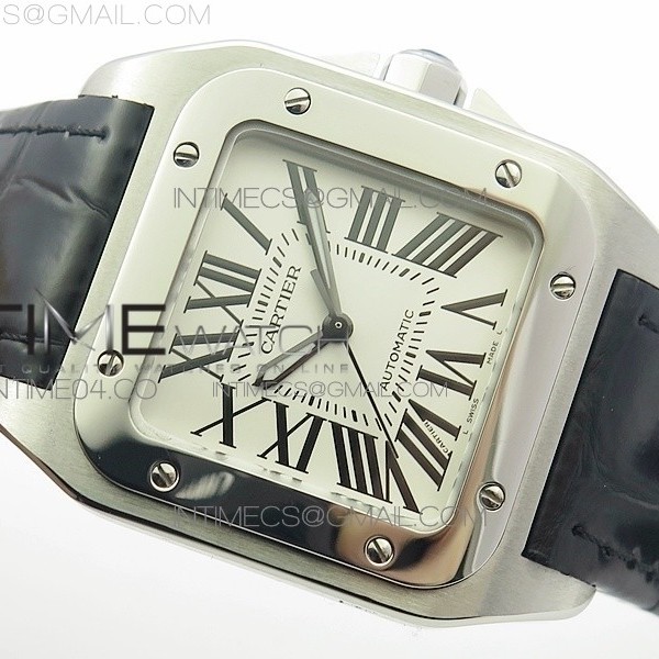RXW공장 까르띠에 산토스100 33MM 레이디즈 스틸 화이트다이얼 가죽스트랩 SANTOS 100 33MM LADIES SS WHITE DIAL ON BLACK LEATHER STRAP SEIKO NH05A
