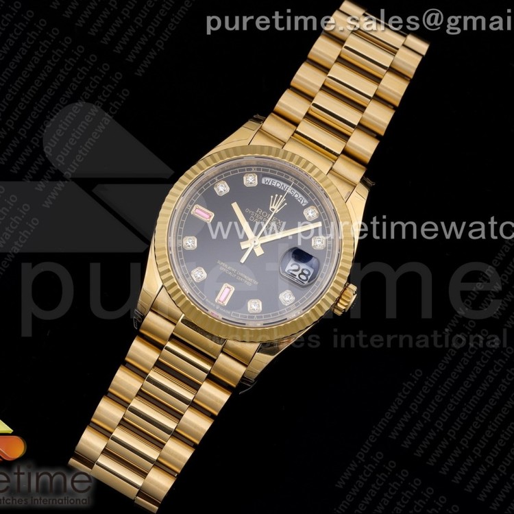 EW공장 데이데이트 36 옐로우골드 금통 블랙다이얼 브레이슬릿 Day-Date 36 YG 128238 Black Dial Crystal Markers on President Bracelet A3255