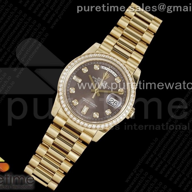 GM공장 롤렉스 데이데이트 36 옐로우골드금통 브라운다이얼 2836 Day Date 40 YG 904L Steel Diamonds Bezel GMF 1:1 Best Edition Brown Diamonds Dial on YG Bracelet A2836