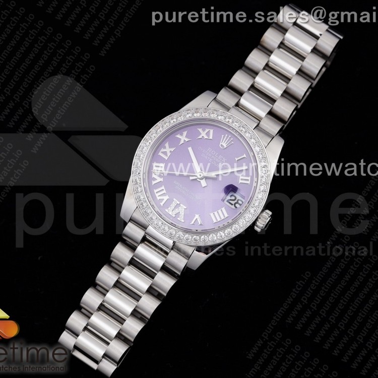 GM공장 롤렉스 데이저스트 31 퍼플다이얼 브레이슬릿 DateJust 31 Ladies 278289 GMF 316L Steel Diamonds Bezel Purple Dial Roman Markers on President Syle Bracelet