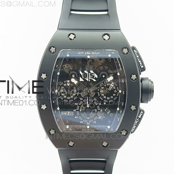KV공장 리차드밀 RM011 풀세라믹 스켈레톤 크로노그래프 RM011 CERAMIC CHRONOGRAPH CRYSTAL SKELETON DIAL BLACK ON BLACK RUBBER STRAP A7750