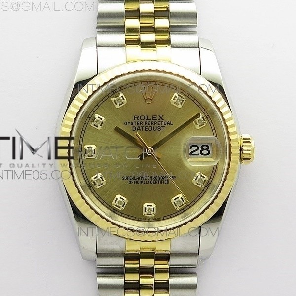 DJ공장 롤렉스 데이저스트 36 옐로우골드콤비 샴페인다이얼 2824 Datejust 36mm 116234 904L SS/YG DJF 1:1 Best Edition YG Dial Diamonds Markers On SS Jubilee Bracelet A2824