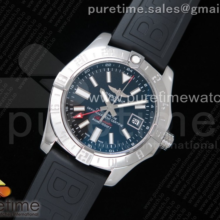 OX공장 브라이틀링 어벤져 GMT 블랙다이얼 러버스트랩 Avenger GMT SS Black Dial Stick Markers on Black Rubber Strap A2836